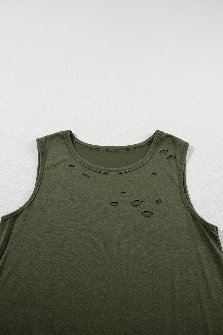 Bella Love Boutique California LLC Tops/Tank Tops Jungle Green Solid Color Distressed Holes Crew Neck Tank Top