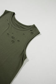 Bella Love Boutique California LLC Tops/Tank Tops Jungle Green Solid Color Distressed Holes Crew Neck Tank Top
