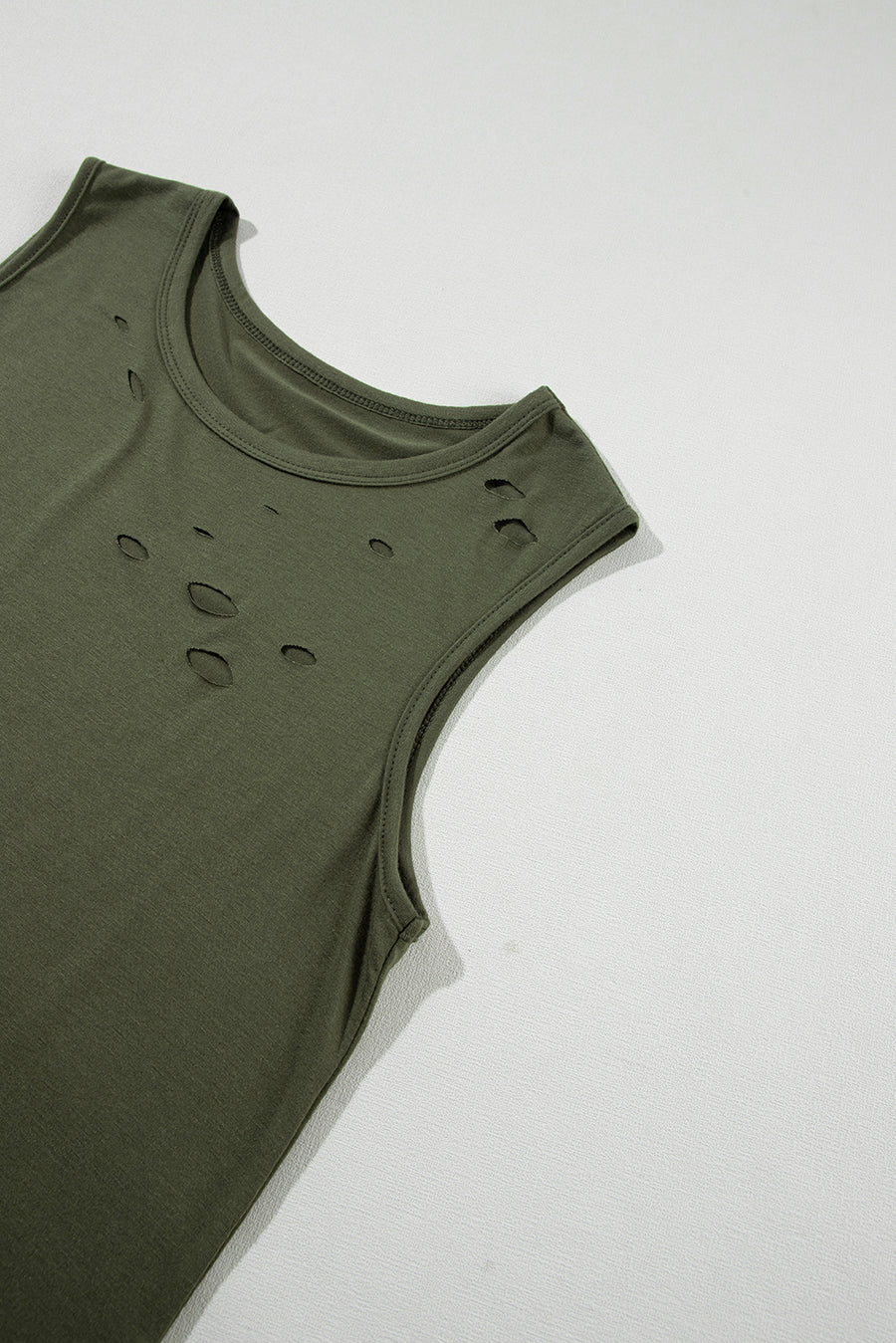 Bella Love Boutique California LLC Tops/Tank Tops Jungle Green Solid Color Distressed Holes Crew Neck Tank Top