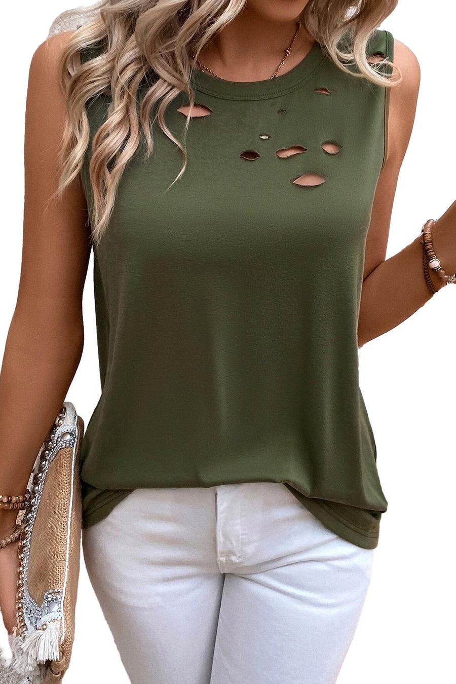 Bella Love Boutique California LLC Tops/Tank Tops Jungle Green Solid Color Distressed Holes Crew Neck Tank Top