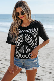 Bella Love Boutique California LLC Tops/Tops & Tees Black Checkerboard Peace Sign Printed Round Neck T Shirt