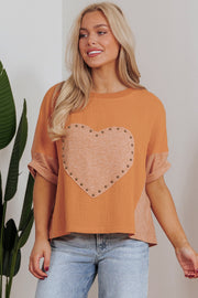 Bella Love Boutique California LLC Tops/Tops & Tees Desert Gold Stud Heart Patch Textured Front Dolman Top