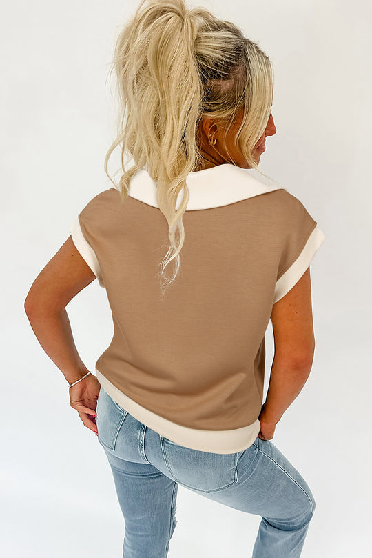 Bella Love Boutique California LLC Tops/Tops & Tees Simply Taupe Half Zipper Collared Colorblock Short Sleeve Top