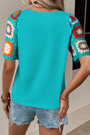 Bella Love Boutique California LLC Tops/Tops & Tees Turquoise Floral Crochet Short Sleeve Top