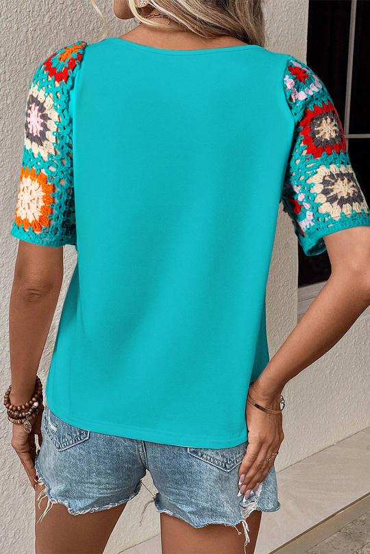 Bella Love Boutique California LLC Tops/Tops & Tees Turquoise Floral Crochet Short Sleeve Top