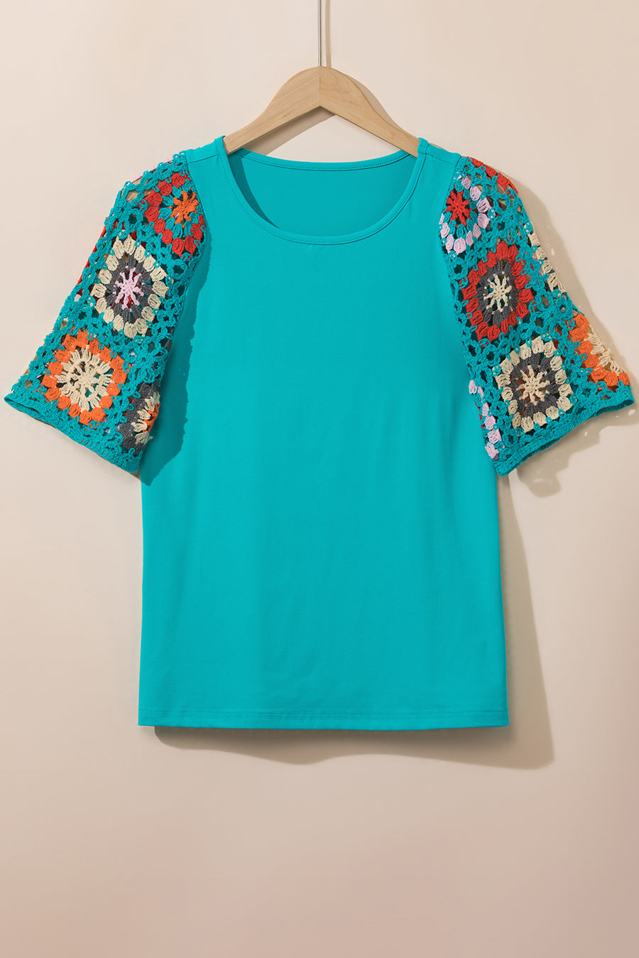 Bella Love Boutique California LLC Tops/Tops & Tees Turquoise Floral Crochet Short Sleeve Top