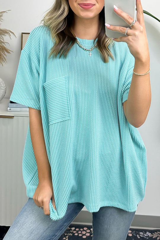 Bella Love Boutique California LLC Tops/Tops & Tees Turquoise / S / 75%Polyester+20%Viscose+5%Elastane Turquoise Corded Knit Pocketed Loose Fit T Shirt