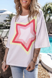 Bella Love Boutique California LLC Tops/Tops & Tees White Colorblock Star Patched Half Sleeve Oversized Tee