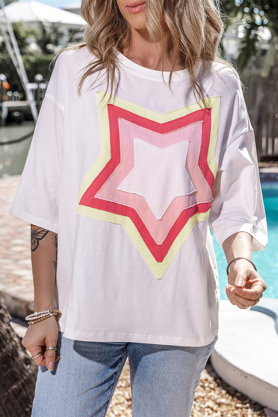 Bella Love Boutique California LLC Tops/Tops & Tees White Colorblock Star Patched Half Sleeve Oversized Tee
