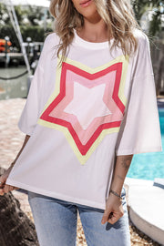 Bella Love Boutique California LLC Tops/Tops & Tees White Colorblock Star Patched Half Sleeve Oversized Tee