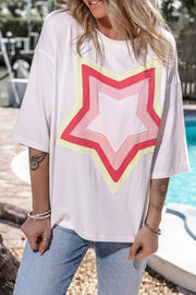Bella Love Boutique California LLC Tops/Tops & Tees White Colorblock Star Patched Half Sleeve Oversized Tee