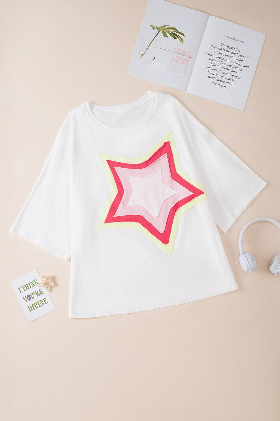 Bella Love Boutique California LLC Tops/Tops & Tees White Colorblock Star Patched Half Sleeve Oversized Tee