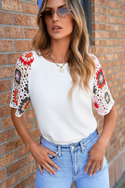 White Floral Crochet Short Sleeve Top