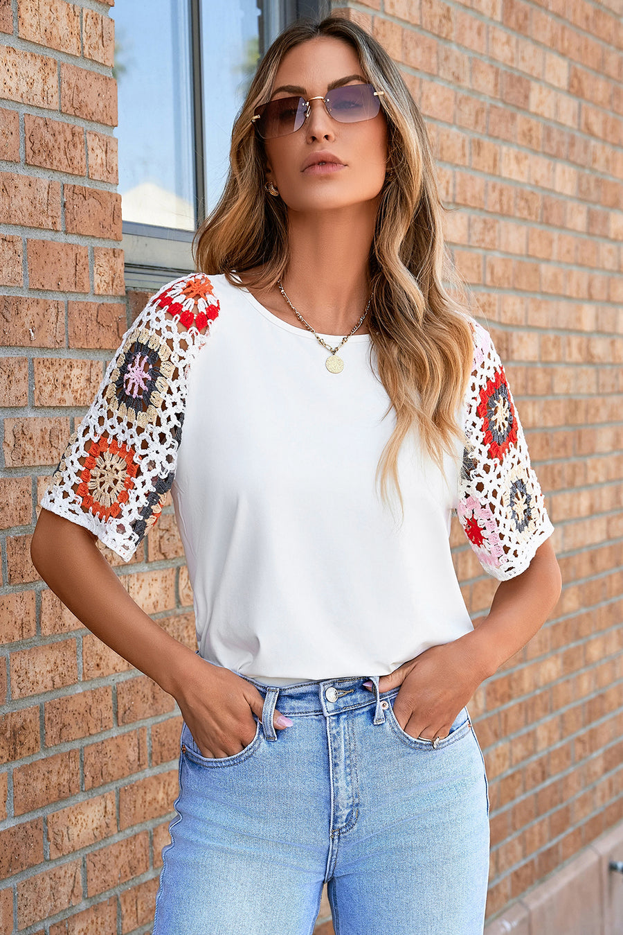 White Floral Crochet Short Sleeve Top