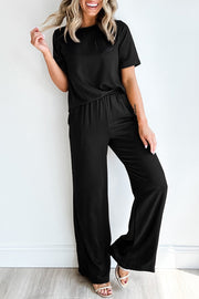 Bella Love Boutique California LLC Two Piece Sets/Pant Sets Black / S / 65%Polyester+30%Viscose+5%Elastane Black Solid Color T Shirt 2pcs Wide Leg Pants Set