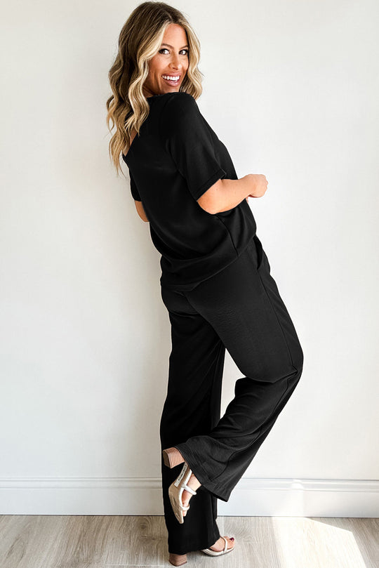 Bella Love Boutique California LLC Two Piece Sets/Pant Sets Black Solid Color T Shirt 2pcs Wide Leg Pants Set