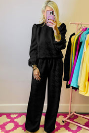 Bella Love Boutique California LLC Two Piece Sets/Pant Sets Black Textured Puff Sleeve Top and Pants Set