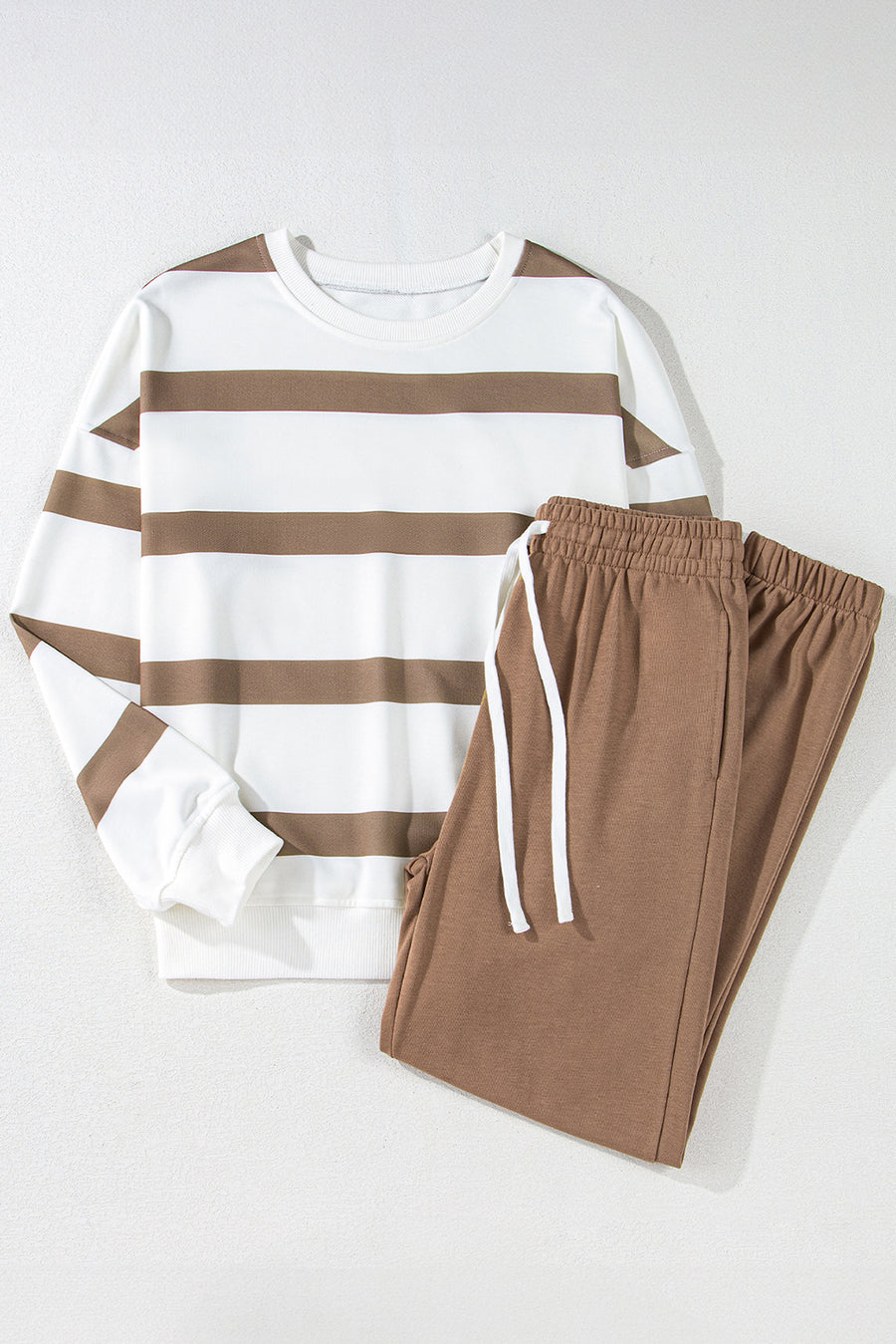 Bella Love Boutique California LLC Two Piece Sets/Pant Sets Brown Stripe Striped Drop Shoulder Pullover and Jogger Pants Set