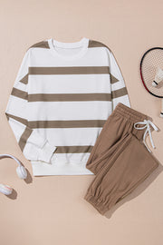 Bella Love Boutique California LLC Two Piece Sets/Pant Sets Brown Stripe Striped Drop Shoulder Pullover and Jogger Pants Set