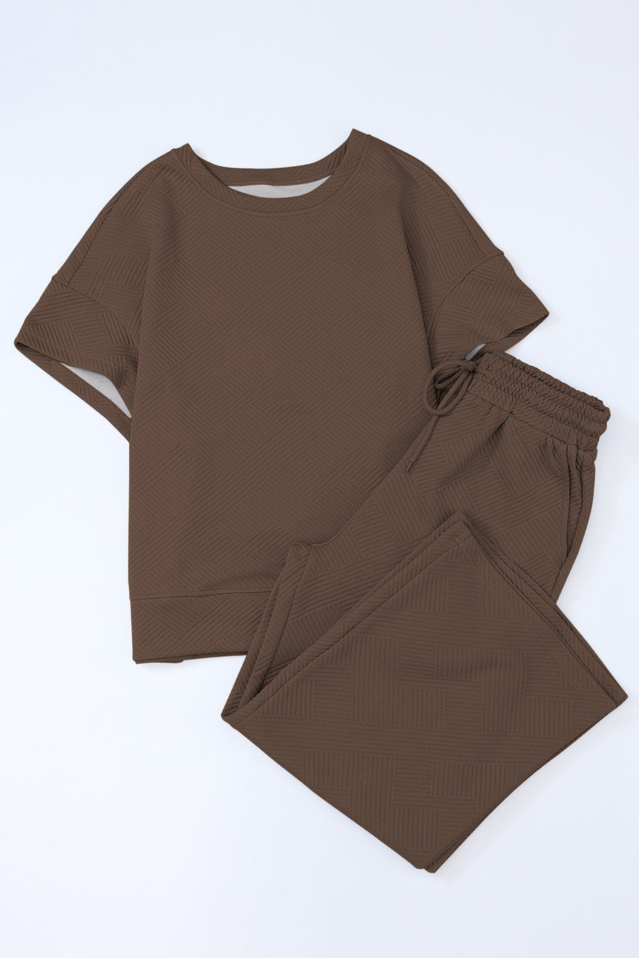 Brown Textured Loose Fit T Shirt and Drawstring Pants Set