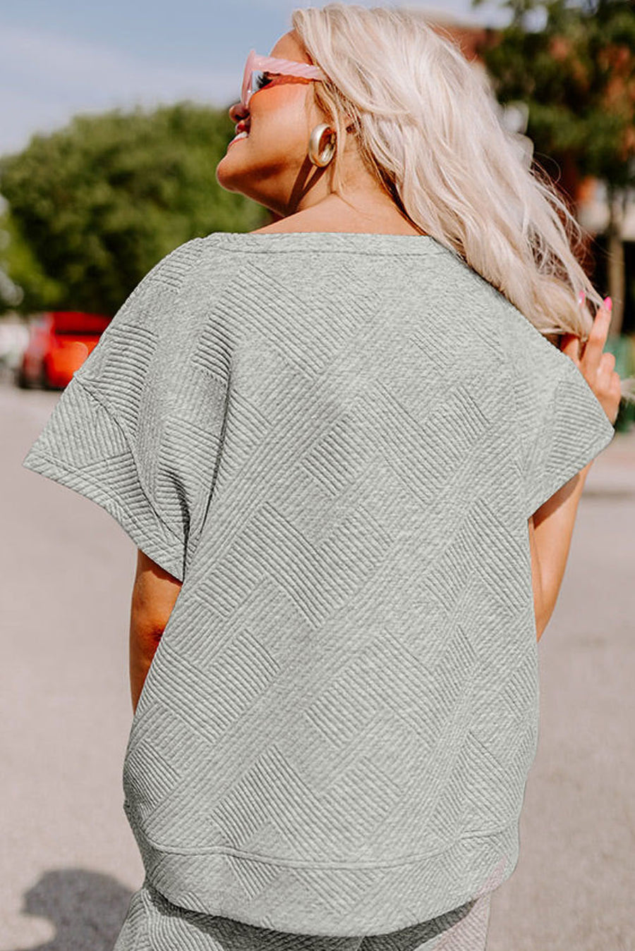 Gray Textured Loose Fit T Shirt and Drawstring Pants Set