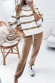 Bella Love Boutique California LLC Two Piece Sets/Pant Sets Light French Beige / S / 100%Polyester Brown Stripe Striped Drop Shoulder Pullover and Jogger Pants Set