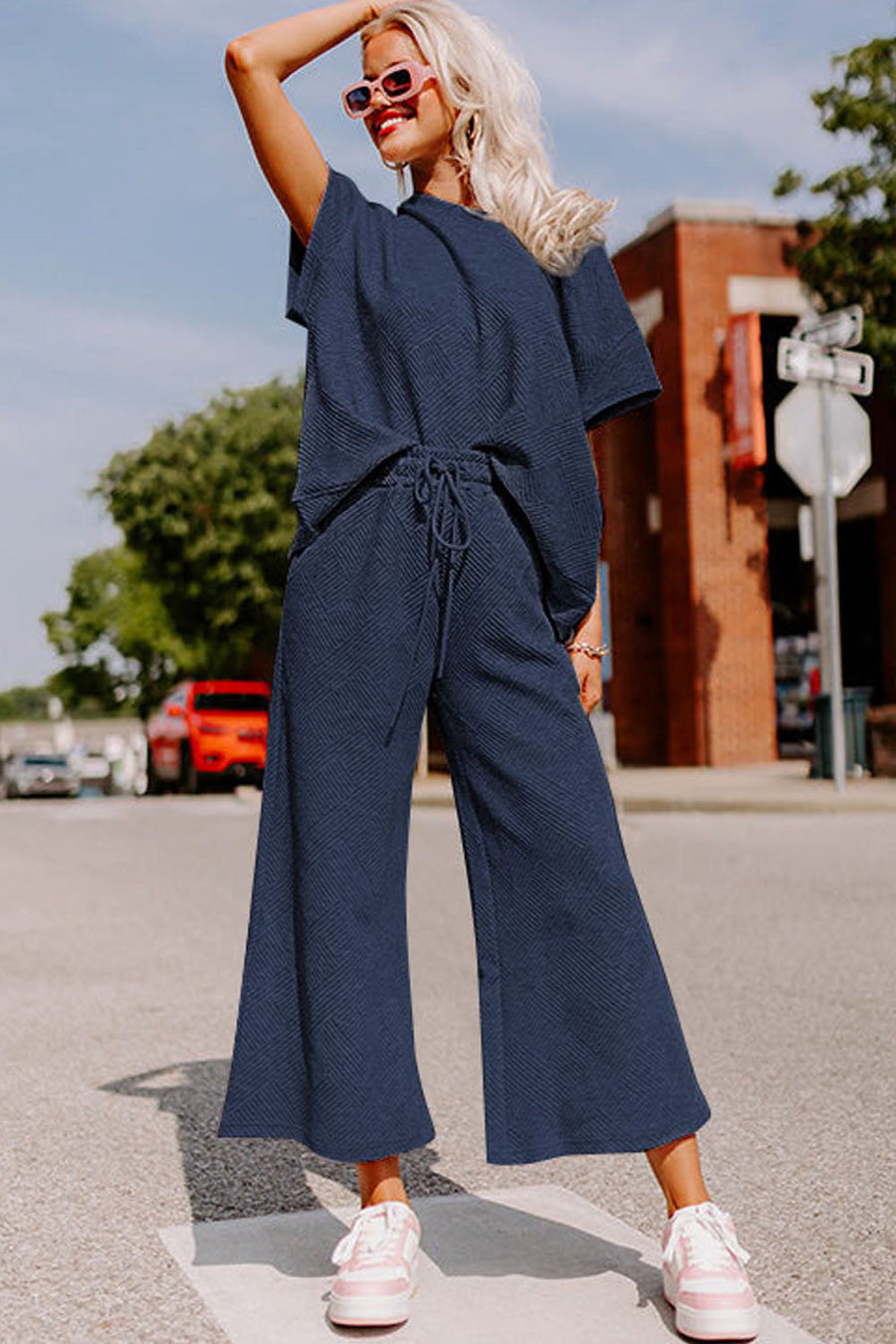 Bella Love Boutique California LLC Two Piece Sets/Pant Sets Navy Blue Textured Loose Fit T Shirt and Drawstring Pants Set