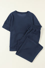 Bella Love Boutique California LLC Two Piece Sets/Pant Sets Navy Blue Textured Loose Fit T Shirt and Drawstring Pants Set