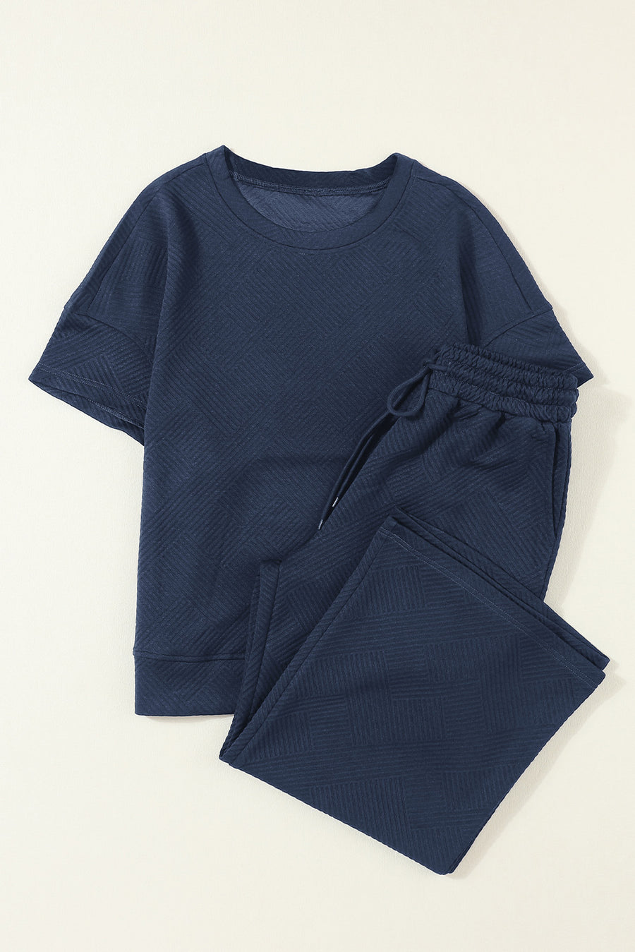 Navy Blue Textured Loose Fit T Shirt and Drawstring Pants Set