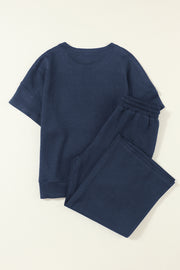 Bella Love Boutique California LLC Two Piece Sets/Pant Sets Navy Blue Textured Loose Fit T Shirt and Drawstring Pants Set