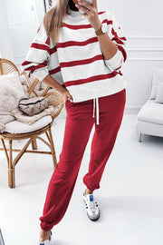 Bella Love Boutique California LLC Two Piece Sets/Pant Sets Red Stripe / S / 100%Polyester Brown Stripe Striped Drop Shoulder Pullover and Jogger Pants Set