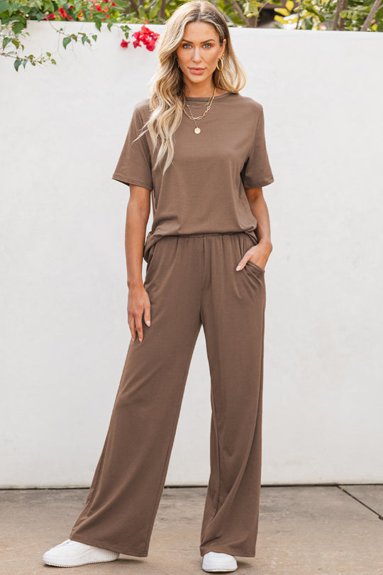 Bella Love Boutique California LLC Two Piece Sets/Pant Sets Smoke Gray / S / 65%Polyester+30%Viscose+5%Elastane Smoke Gray Solid Color T Shirt 2pcs Wide Leg Pants Set