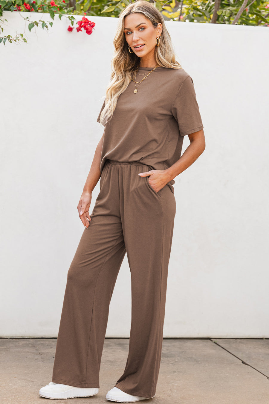 Bella Love Boutique California LLC Two Piece Sets/Pant Sets Smoke Gray Solid Color T Shirt 2pcs Wide Leg Pants Set