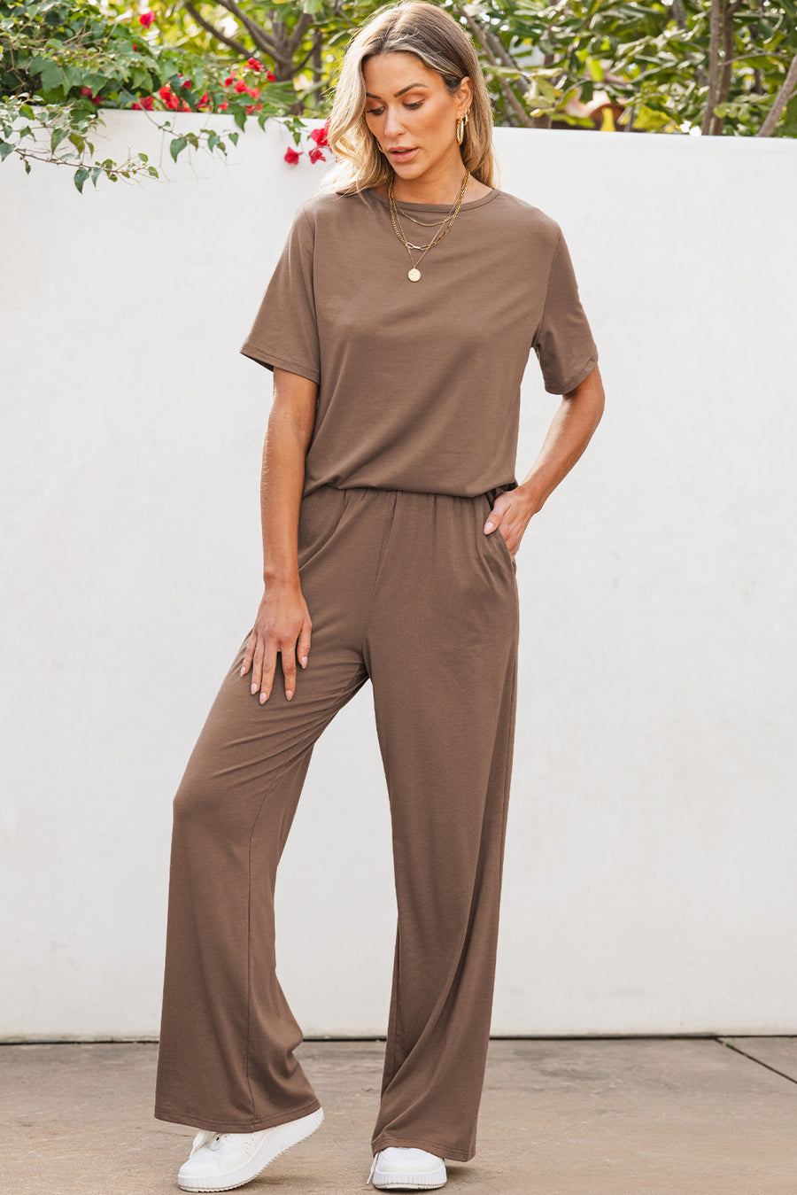 Bella Love Boutique California LLC Two Piece Sets/Pant Sets Smoke Gray Solid Color T Shirt 2pcs Wide Leg Pants Set