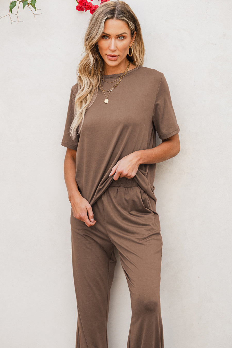 Bella Love Boutique California LLC Two Piece Sets/Pant Sets Smoke Gray Solid Color T Shirt 2pcs Wide Leg Pants Set