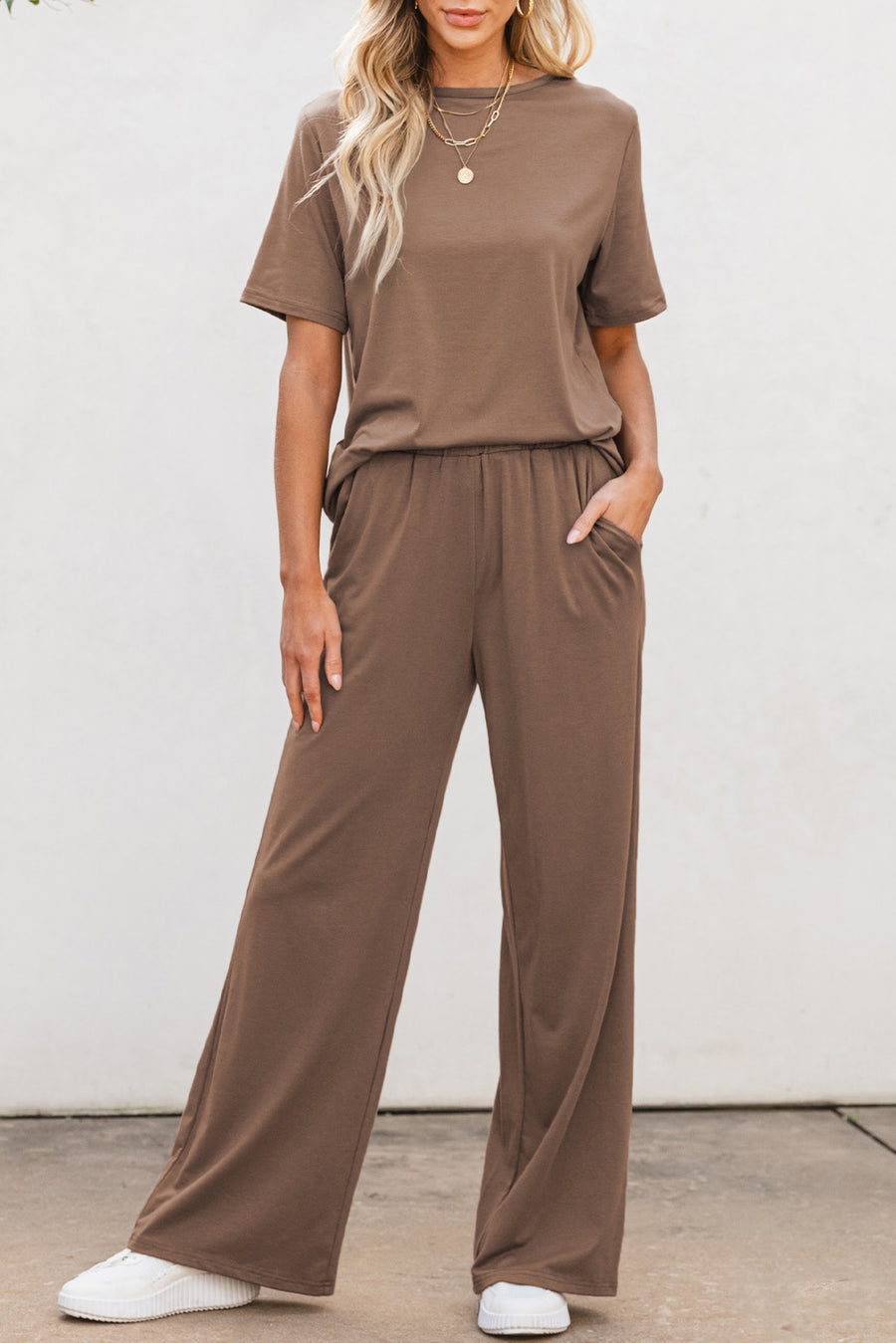 Bella Love Boutique California LLC Two Piece Sets/Pant Sets Smoke Gray Solid Color T Shirt 2pcs Wide Leg Pants Set