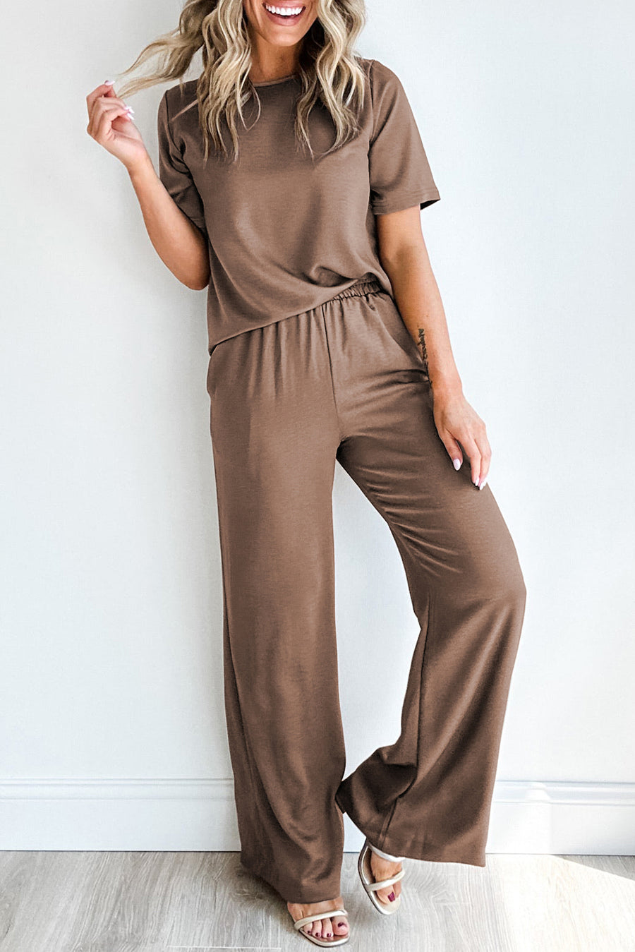 Bella Love Boutique California LLC Two Piece Sets/Pant Sets Smoke Gray Solid Color T Shirt 2pcs Wide Leg Pants Set