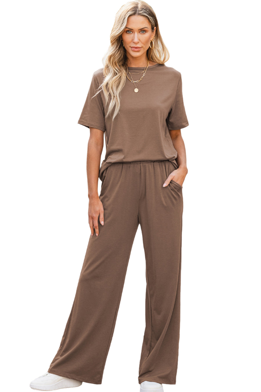 Bella Love Boutique California LLC Two Piece Sets/Pant Sets Smoke Gray Solid Color T Shirt 2pcs Wide Leg Pants Set