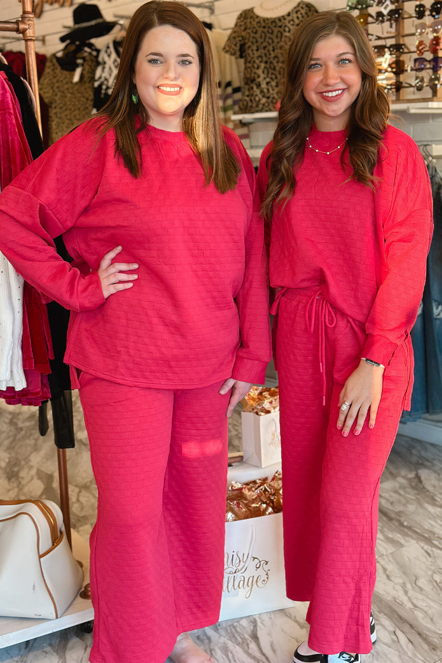 Bella Love Boutique California LLC Two Piece Sets/Pant Sets Strawberry Pink Checkered Textured Split Pullover Top and Pants Set