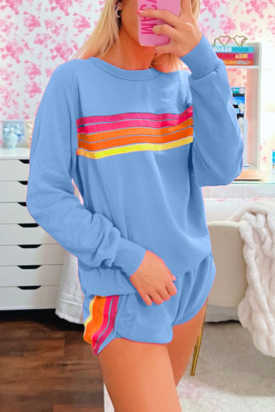 Bella Love Boutique California LLC Two Piece Sets/Short Sets Bonbon Striped Accent Pullover and Shorts Two Piece Casual Set