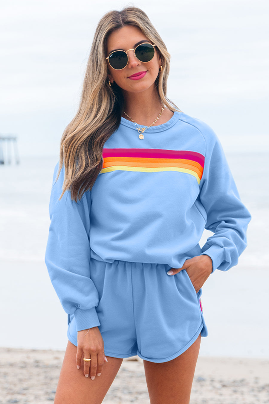 Bella Love Boutique California LLC Two Piece Sets/Short Sets Bonbon Striped Accent Pullover and Shorts Two Piece Casual Set