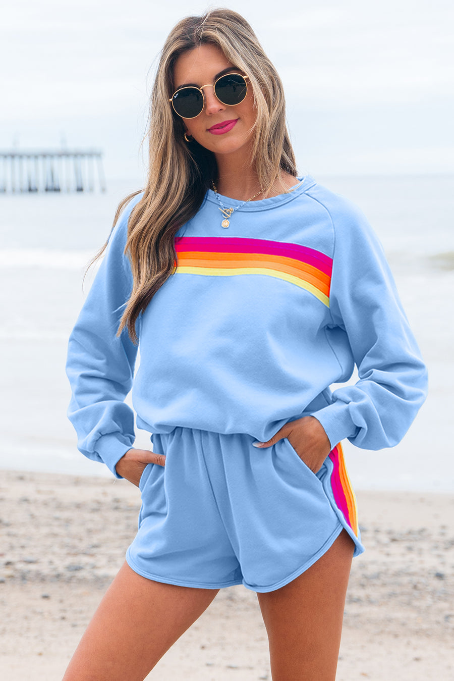 Bella Love Boutique California LLC Two Piece Sets/Short Sets Bonbon Striped Accent Pullover and Shorts Two Piece Casual Set