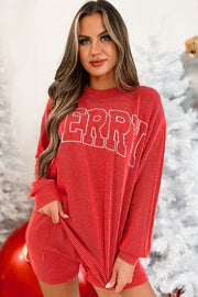 Bella Love Boutique California LLC Two Piece Sets/Short Sets Racing Red Corded MERRY Graphic Long Sleeve Top and Shorts Set