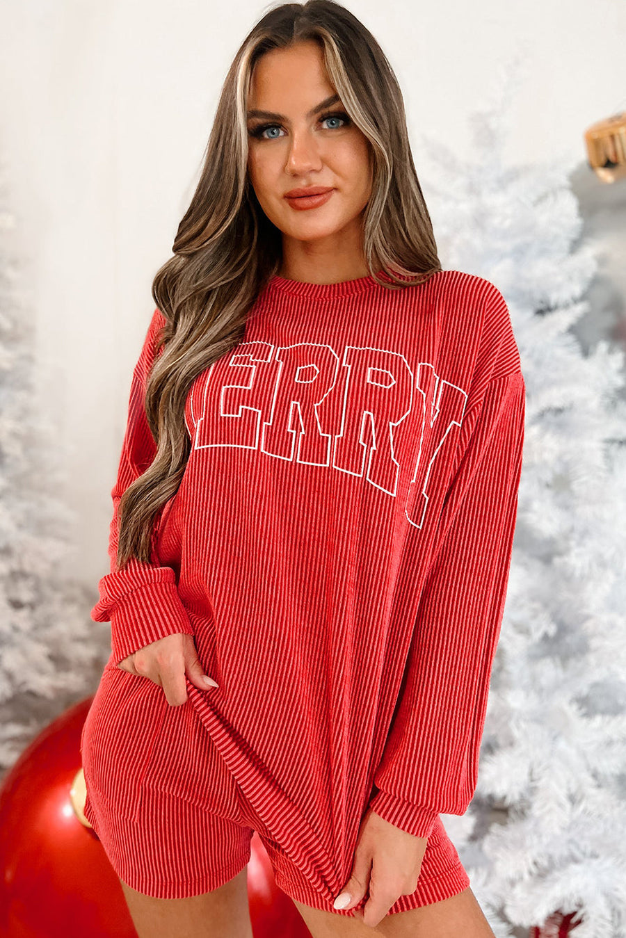 Bella Love Boutique California LLC Two Piece Sets/Short Sets Racing Red Corded MERRY Graphic Long Sleeve Top and Shorts Set