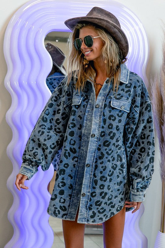 BiBi Coats & Jackets Vintage Washed Leopard Corduroy Buttoned Jacket