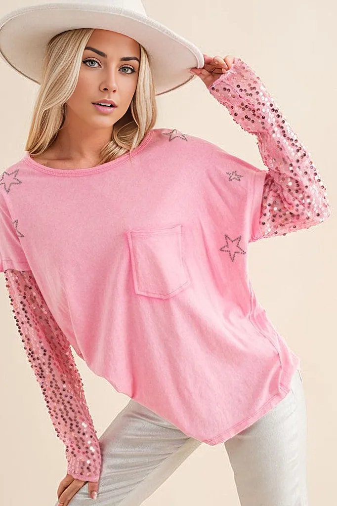 Hot Pink / S Star Printed Shoulder Sequin SLV Top