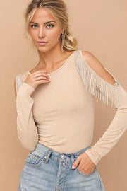 Cold Shoulder Rhinestone Fringe Bodysuit