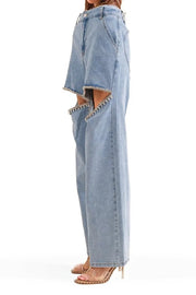 Rhinestone Jeans Denim Cut 9.