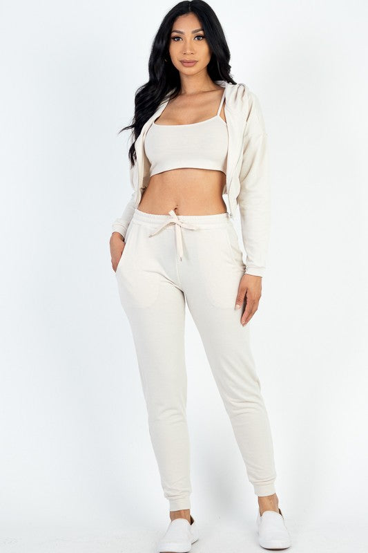 Capella Beige / S Cropped Cami with Zip-up Jacket and Joggers Set