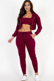 Burgundy / S Cropped Cami with Zip-up Jacket and Joggers Set